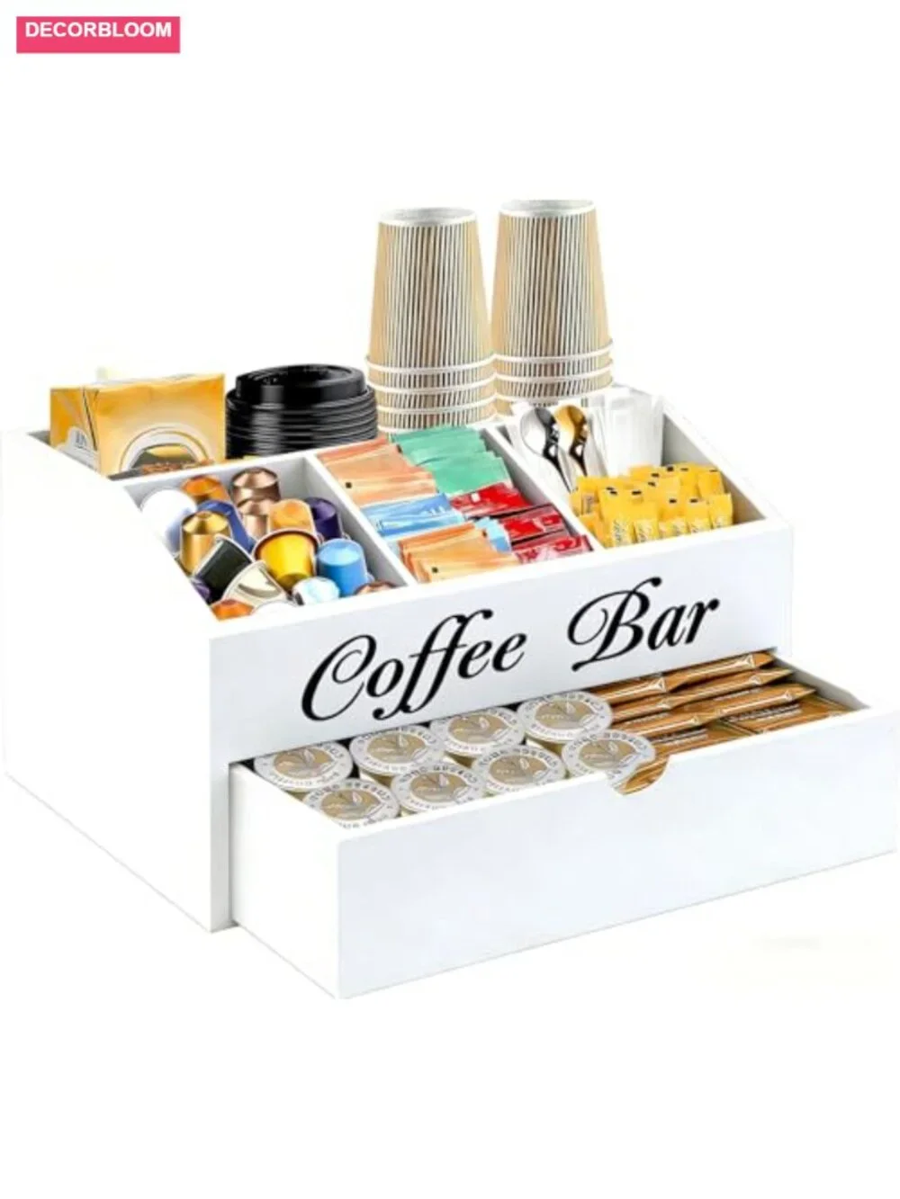 Wood Coffee Bar Organizer with Dust-Proof Drawer, 2-Tier Station